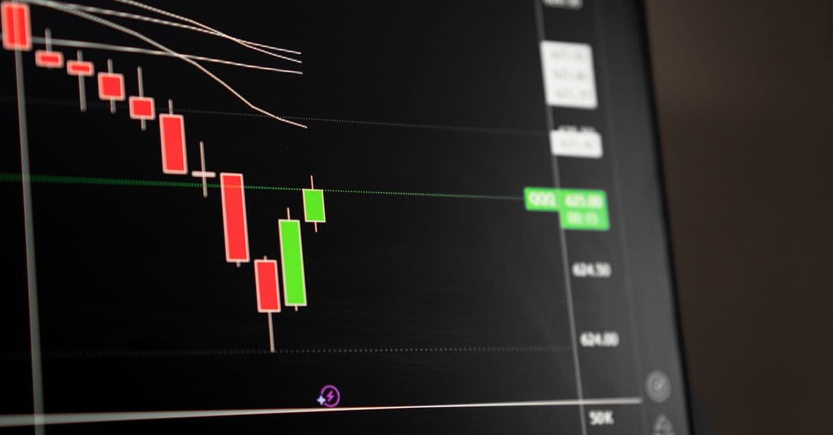 A candlestick stock chart showing a downward trend