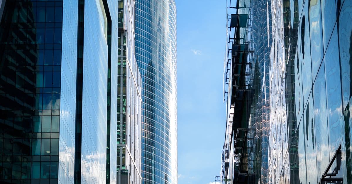 A skyline of commercial real estate office buildings